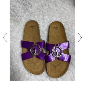 Babyphat patent purple slip on straps sandals bold silver tone logo accent SZ 11